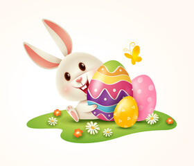 Easter bunny and Easter painted eggs on grass. Isolated.