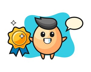 Egg mascot illustration holding a golden badge