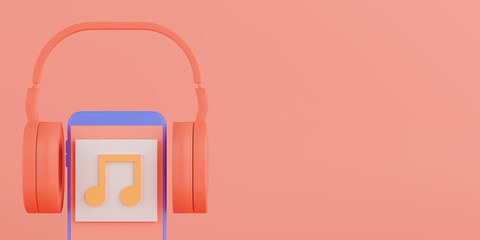 3d rendering music application on smartphone  with headphone on pink background.