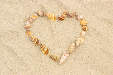 Fototapeta na wymiar Heart of shells on sand at beach, symbol of love