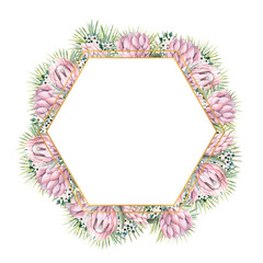 Hexagonal gold frame with protea flowers, tropical leaves, palm leaves, bouvardia flowers. Wedding bouquet in a frame for the design of a stylish invitation. Watercolour illustration.