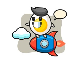 Boiled egg mascot character riding a rocket