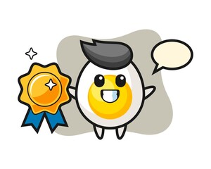 Boiled egg mascot illustration holding a golden badge
