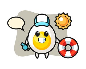 Cartoon mascot of boiled egg as a beach guard