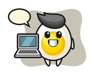 Mascot illustration of boiled egg with a laptop