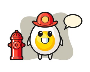 Mascot character of boiled egg as a firefighter