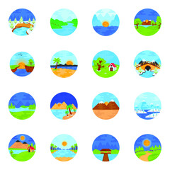  Set of Nature Landscapes in Flat Rounded Icons