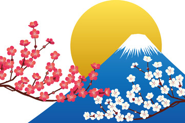富士山と紅梅と白梅と太陽.ベクター素材