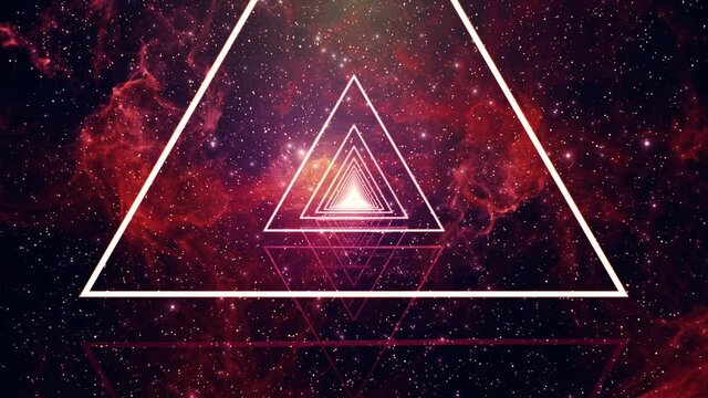 Abstract Triangle Neon Glow with Nebula Background Loop. Futuristic VJ motion graphics, club concert with projection mapping and high tech background seamless loop .