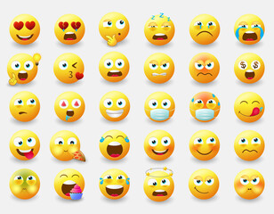 Fototapeta premium Smileys emoticon vector set. Smiley emoji characters with pose and emotions like happy, in love, eating and thinking in yellow face icon for avatar character collection design. Vector illustration 