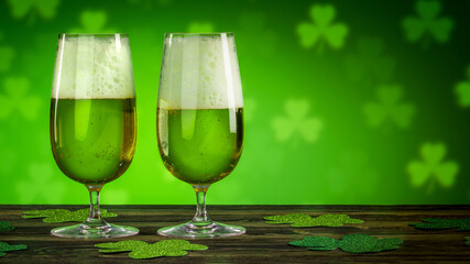 St. Patrick's Day. Glass of Green Beer on wooden table and clover leaves bokeh on green background. Feast of Saint Patrick celebration held on 17 March. Macro photography. Close-up with copy space.