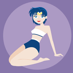 Girl with short hair in a swimsuit