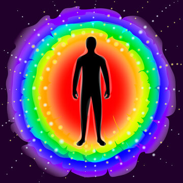 The aura of the body. Rainbow color marked layers of the male body. Etheric, emotional, metallic, astral, celestial and causal layer. illustration