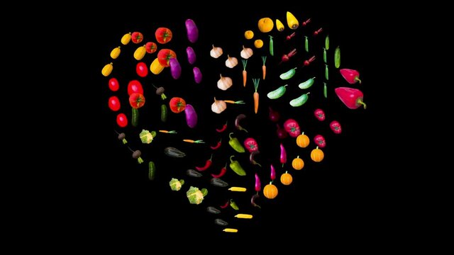 Animation of the appearance of a silhouette of a heart from different ripe, juicy vegetables on a black background. falling from top to bottom, rotate and resize. The concept of harvest, diet