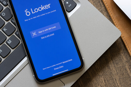 Portland, OR, USA - Mar 10, 2021: Looker mobile app login page is seen on an iPhone. As a part of Google, Looker is a cloud-based business intelligence platform designed to explore and analyze data.