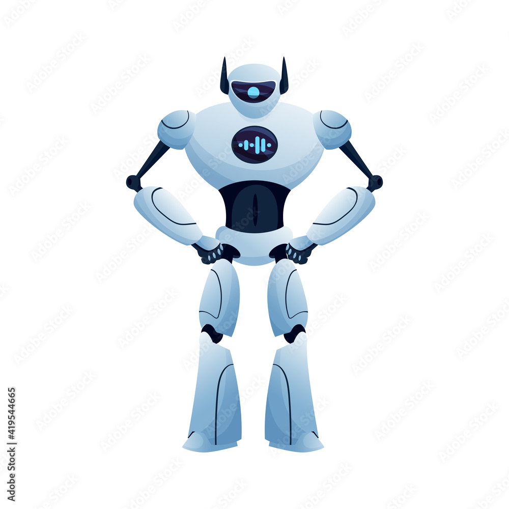 Poster cyber huge robot with chat display on body isolated hi-tech character, full length android. vector c
