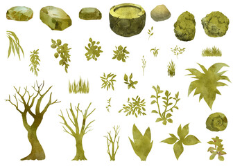 Garden scene creator set with mossy stones, plants, trees and other floral elements, paper texture