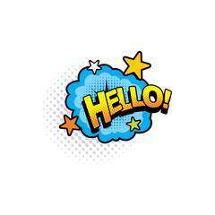 Pop art comic cloud, hello chat message isolated cartoon sticker tag with stars. Vector Hallo Hullo boom bang cloud bubble, retro style salute greet. Pop art sticker tag, hi greeting dialogue bubble