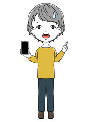 指差し案内をしているスマホを持って画面を見せている困った表情のおばあちゃん