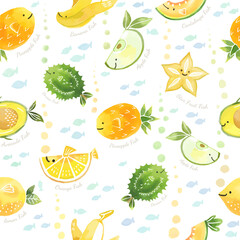 Cute Fruits mix Fish characters. Cartoon doodle illustration seamless pattern for kids apparel, fabric, wrapping paper. watercolour style.