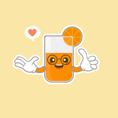 cute and kawaii orange juice cartoon character. colorful fancy drink character. Glass of fresh orange juice.