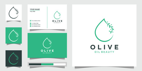 Olive oil logo design and business card for beauty salon, skincare, cosmetic, yoga and spa products. Premium Vector