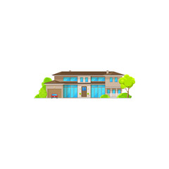 House country dwelling outdoor facade with garage and parked car isolated. Vector suburban house with panoramic windows, green trees. Modern villa, townhouse residence, chimney pipes on roof