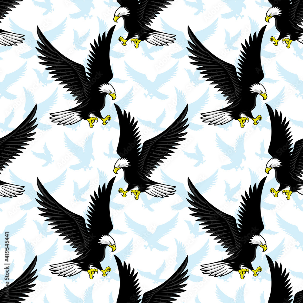 Canvas Prints seamless pattern with flying bald eagles on a white background.