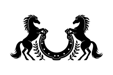 Two horses and horseshoe icon on white background. - 419545434