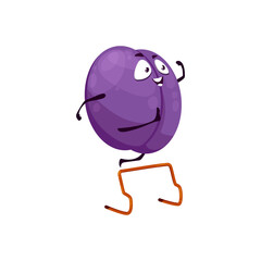 Cartoon plum fruit sportsman vector icon, funny damson character run with obstacles. French plum doing sport exercises isolated on white background. Healthy organic food, sports lifestyle symbol