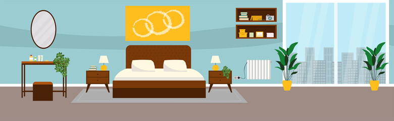 Bedroom with furniture and big window. Flat style vector illustration. Cozy interior. Hotel room.