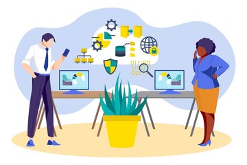 Business people working in office. Multicultural employees talking on phones and working in modern open space office, shared workplace. Collaboration process, freelance flat vector illustration