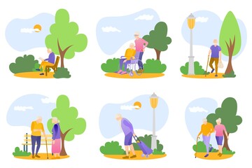Seniors walking in summer park set. Elderly people outdoor activities, healthy lifestyle concept. Grandparents walking, sitting on bench, strolling in wheelchair cartoon vector illustration