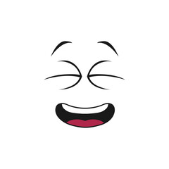 Happy smiling emoji giggling emoticon in good mood isolated icon. Vector laughing smiley, eyes winked of joy, open mouth. Satisfied avatar expression, comic man head with blinked eyes funny joke sign