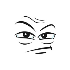 Doubtful smiley, disbelief mistrusted emoji facial expression isolated icon. Vector insidious emoticon with angry face. Distrusted sad mood emoji. Distrustful emoticon with big eyes and open mouth