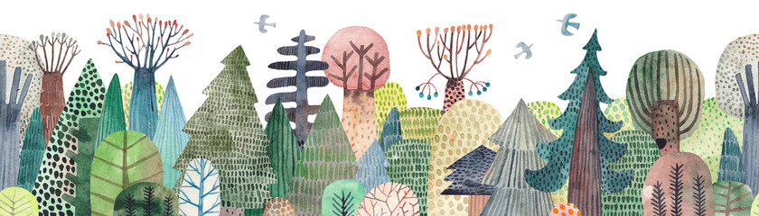 Nette Aquarellillustration. Abstrakter Wald. Tierwelt. Blick auf den Wald. Horizontaler, sich wiederholender Rahmen.