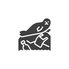 Seal in polluted ocean vector icon. filled flat sign for mobile concept and web design. Sea lion and water with plastic glyph icon. Symbol, logo illustration. Vector graphics