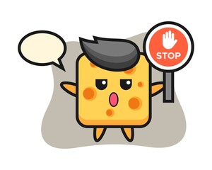 Cheese character illustration holding a stop sign