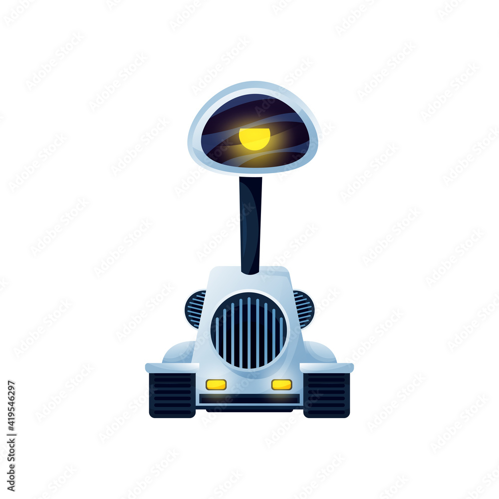 Poster Robot bionic man of metal and plastic, vacuum cleaner cleaning machine. Vector electronic cyber machine, android toy on remote control. Electronic cyborg, futuristic character smart robotic helper