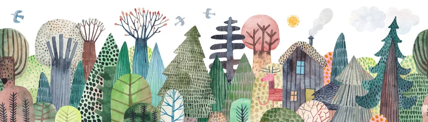 Haus im Wald. Nette Aquarellillustration. Abstrakter Wald. Tierwelt. Blick auf den Wald. Horizontaler sich wiederholender Rand. © bukhavets