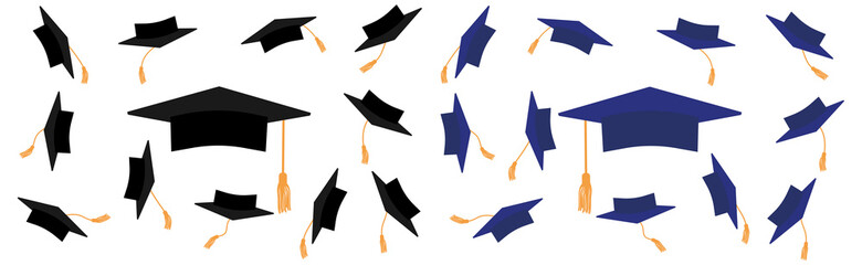 Mortarboard icons, graduate cap in black and blue color with gold tassel. Throwing square academic caps, set. Vector illustration
