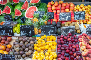 Big choice of exotic fruits for sale at a market