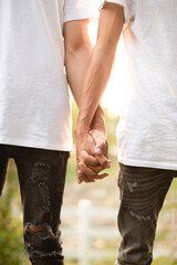 happy gay couple holding hands at sunset outdoor, love and together concept