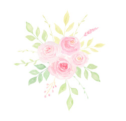 Watercolor hand-painted pink loose roses and greenery bouquet isolated on white background. Spring, summer floral arrangement for wedding invitations, cards, frames,   designs. 