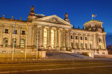 The entrance of the famous Reichstag in Berlin at night