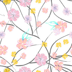 Pink Flowers Blooming Pattern. Pastel Watercolor.