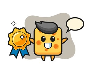 Cheese mascot illustration holding a golden badge