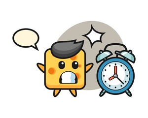 Cartoon illustration of cheese is surprised with a giant alarm clock