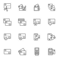 Credit card payment line icons set, outline vector symbol collection, linear style pictogram pack. Signs, logo illustration. Set includes icons as bank check signature, wireless payment, ATM machine