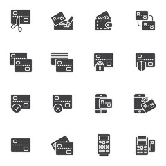 Credit card payment vector icons set, modern solid symbol collection, filled style pictogram pack. Signs, logo illustration. Set includes icons as bank check signature, wireless payment, ATM machine